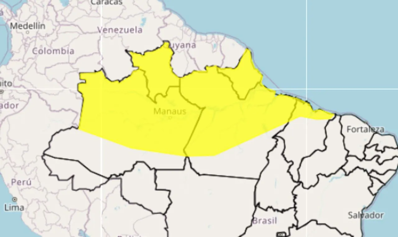 o mapa mostra as &aacute;reas em alerta para chuva intensa na regi&atilde;o norte e ma